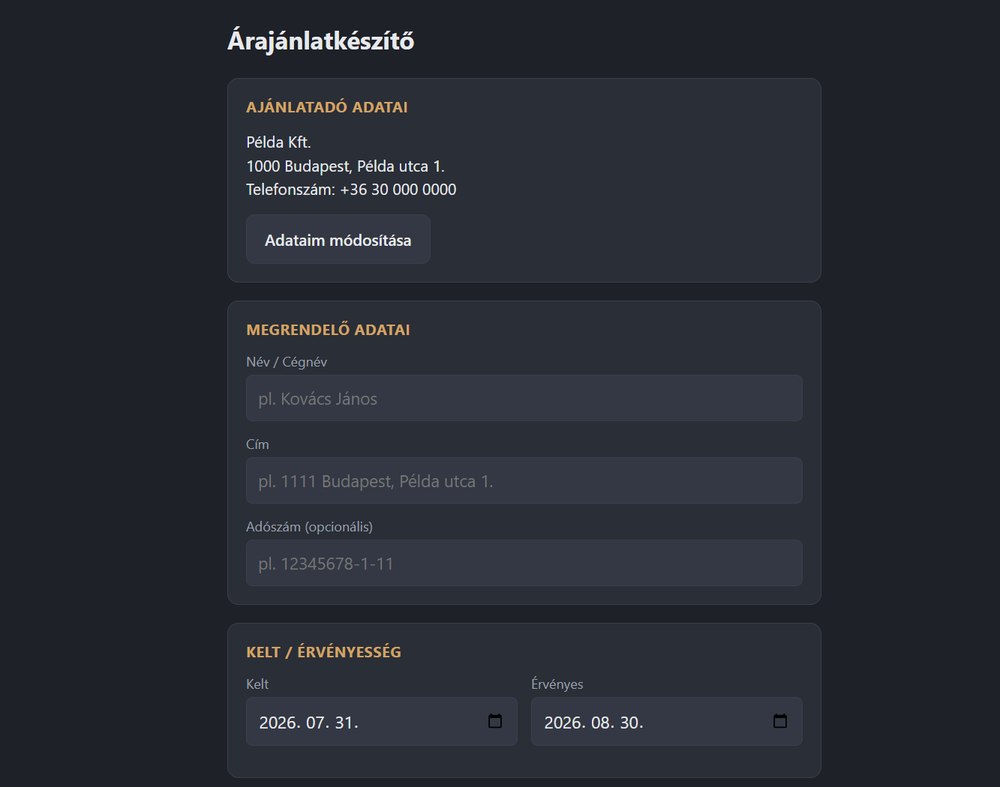 Ajánlatkészítő rendszer előnézete